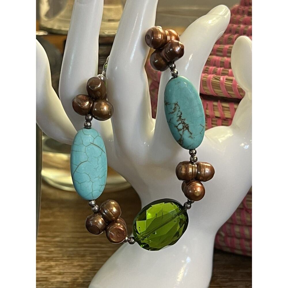 Turquoise, Pearl, Sterling Silver And Glass Bracelet - 8 Inches. 15